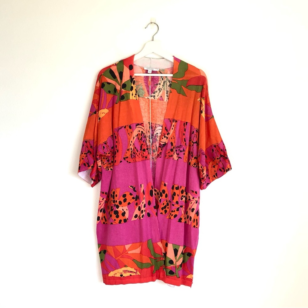 Chico’s Pink / Orange Colorful Tropical Banana Open Front Cardigan Size 2/Large